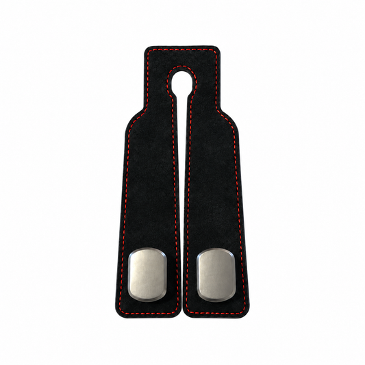 Tossits grocery bag hanger for the headrest, black with red stitching