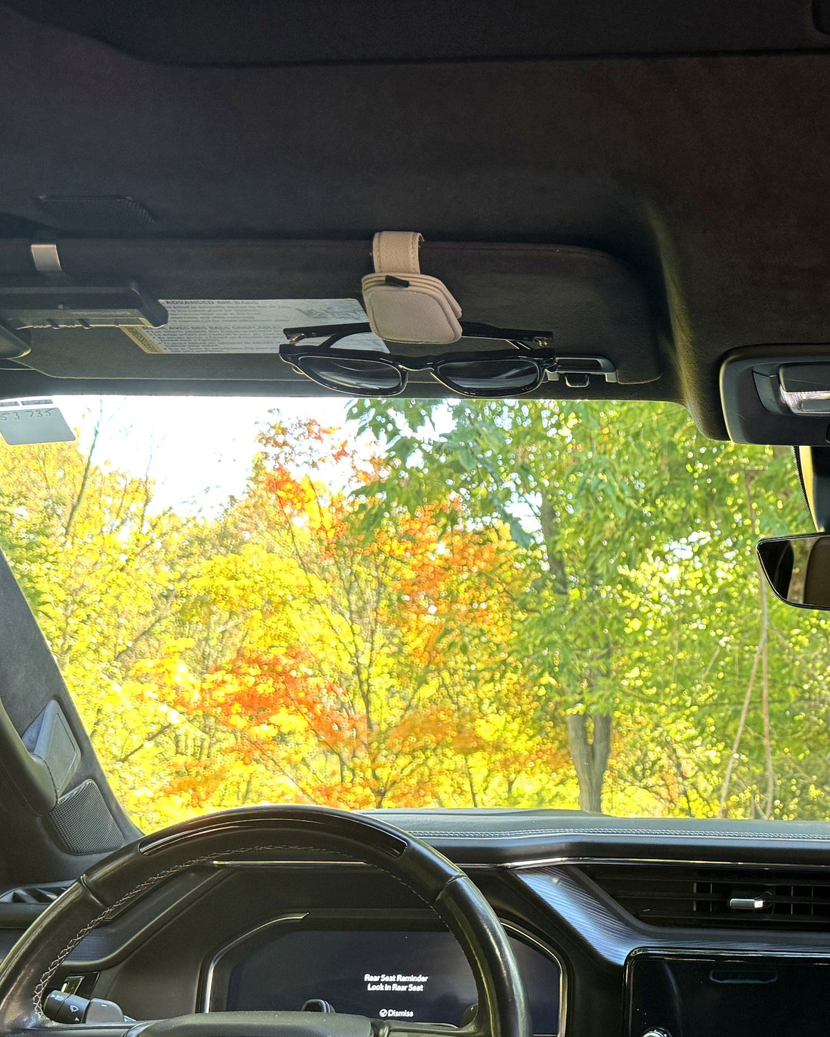 Tossits sunglasses clip on the driver visor, seen from the seat